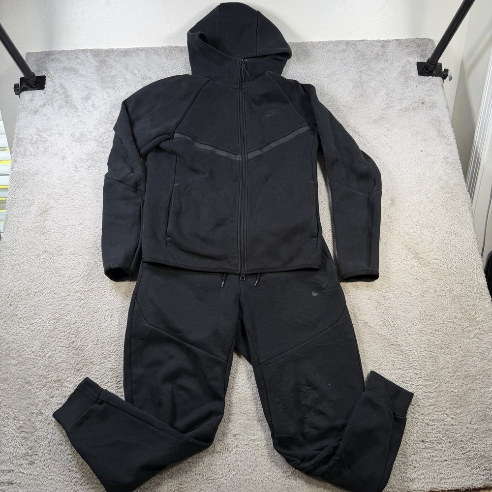 Nike Fleece Tech Suit Set Mens Small Black Full Zip Hoodie Joggers Sweatpants
